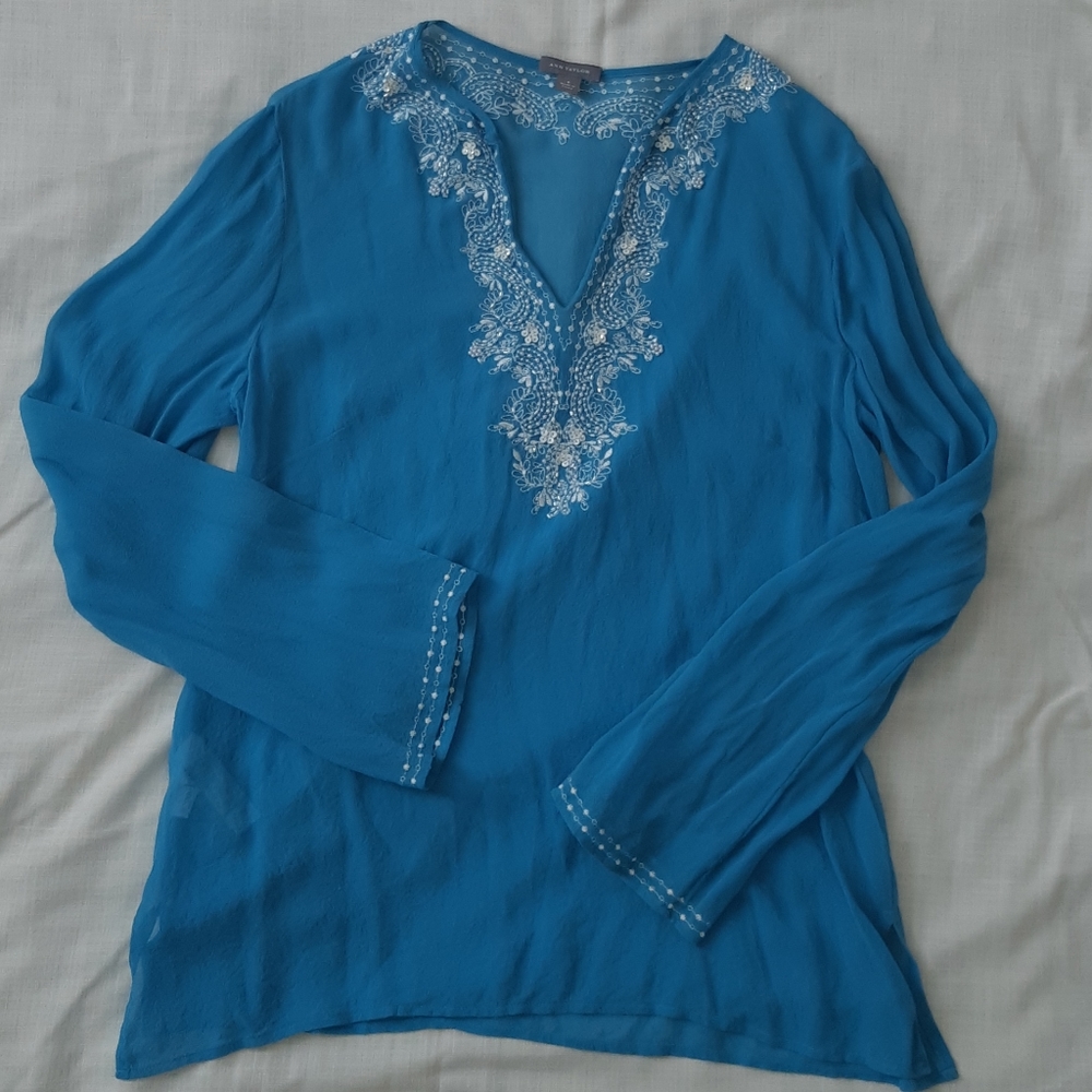 ANN TAYLOR Bohemian tunic beaded silk blouse